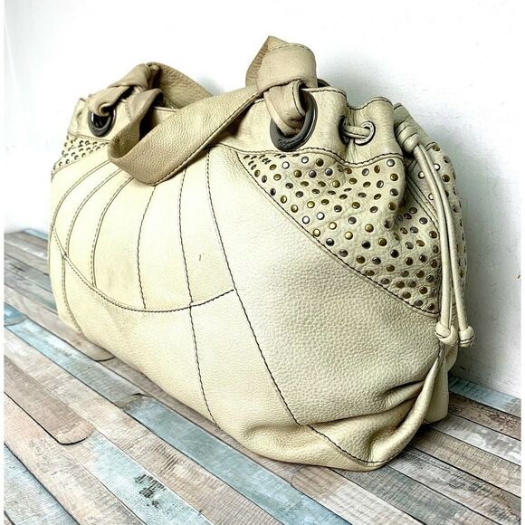 LRG FOSSIL FIFTY FOUR 54 STUD IVORY GENUINE LEATHER HOBO BOHO TOTE SHOULDER BAG - Picture 7 of 10